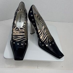 Bebe Black Leather and Silver Studded Heels-Ladies Size 8.5-Vintage
